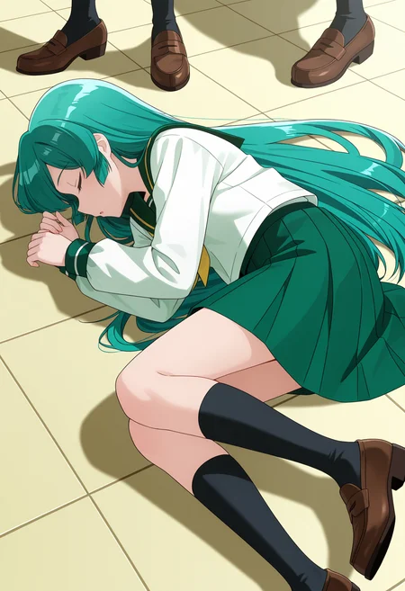 <lora:Minakami Sayo_illustrious-000036:1>,
Minakami Sayo, school uniform, skirt, closed eyes, socks, lying, serafuku, pleated skirt, on side, brown footwear, shoes, loafers, green skirt, solo focus, open mouth, multiple girls, tiles, 2girls, long sleeves, shirt, sailor collar, very long hair, tile floor, on floor, black socks, sleeping, kneehighs, white shirt, shadow, green sailor collar, out of frame, profile