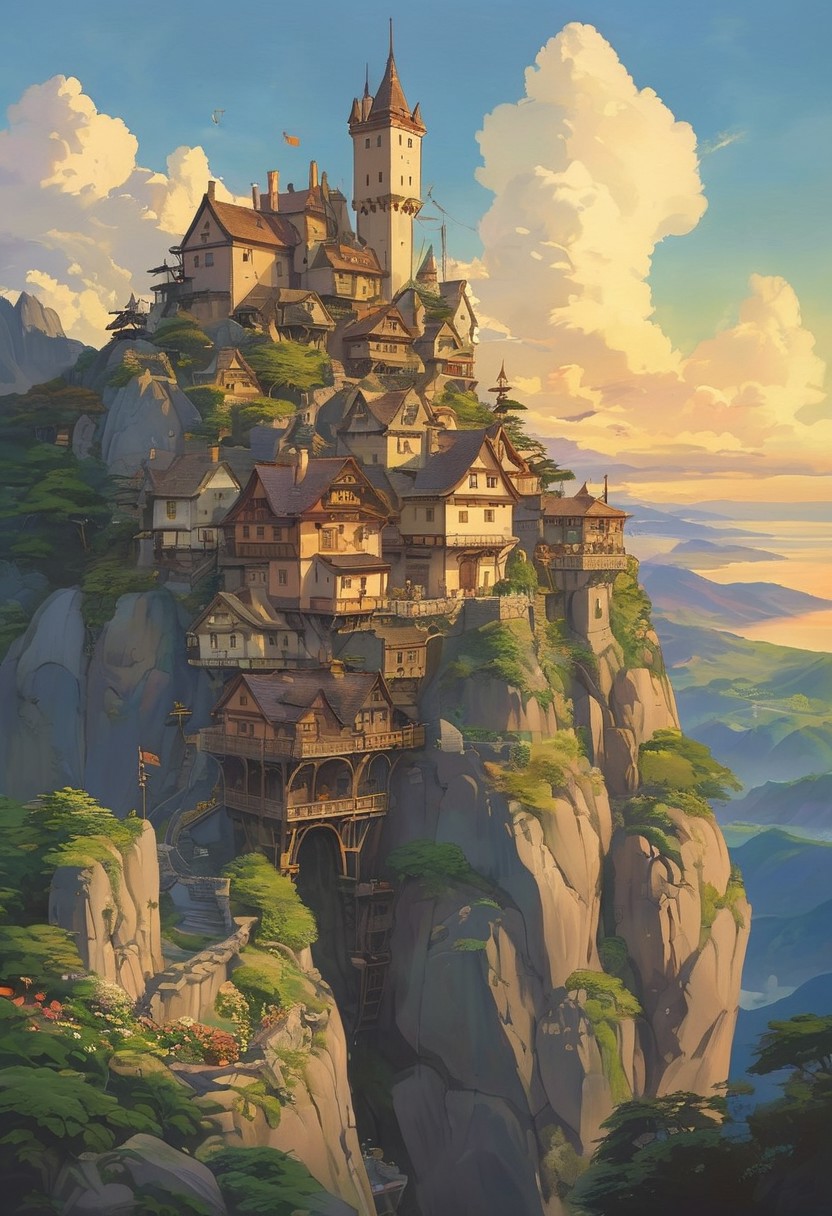 (studio ghibli drawing), (studio ghibli painting),best quality, masterpiece, extremely detailed,  professional  art,  professional painting, an extremely delicate and beautiful, dynamic,  great lighting, perfect shading, professional shading, depth of field,   side soft light, elegant, gorgeous, highly detailed,   full shot, uncropped,   pure genious, absolutely perfect,  highly detailed, breathtaking,  a giant and sheer cliff face with a town built into it, lots of different dwellings, fantasy, sunset