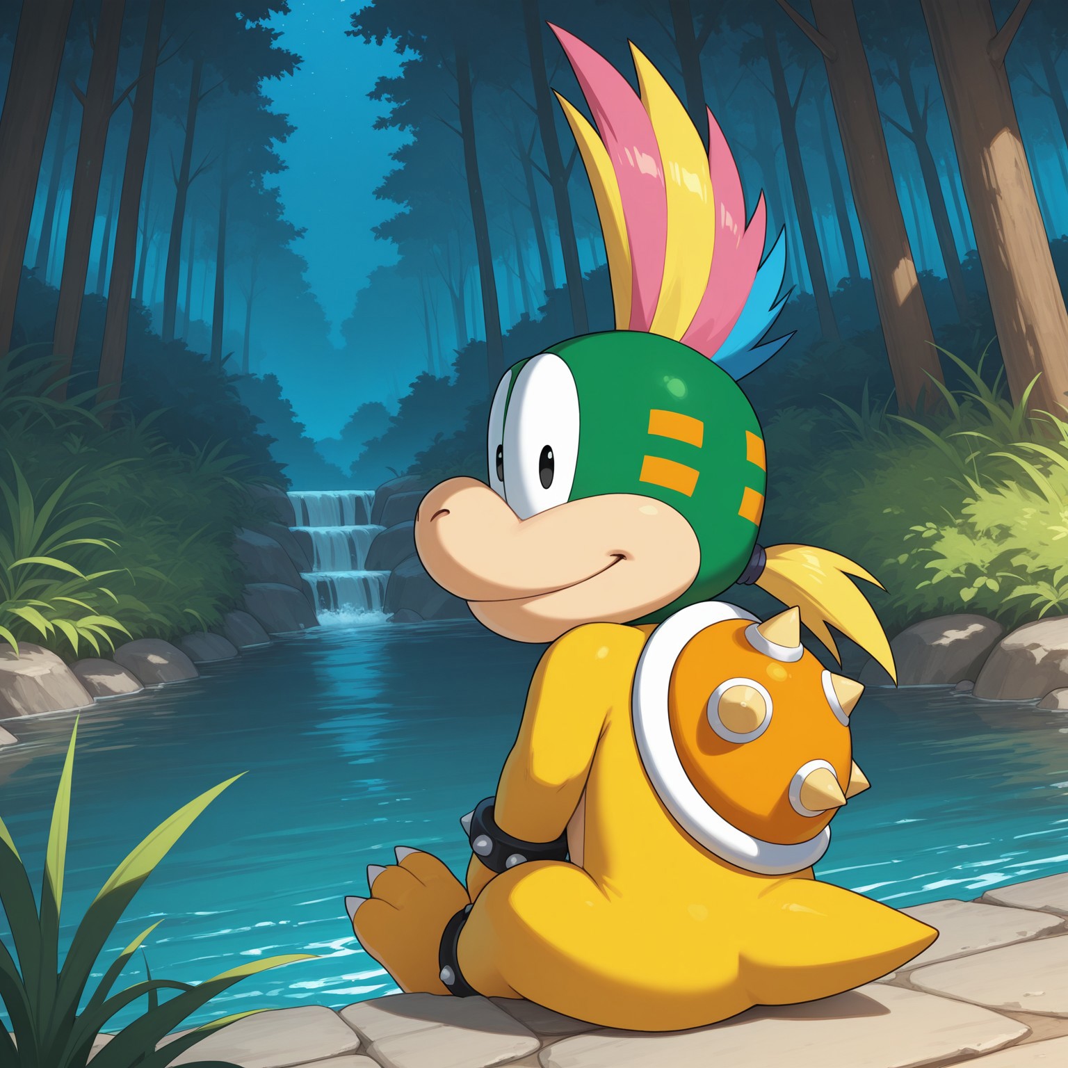 Lemmy, solo, 2D, 1boy, male, mohawk, blue hair, yellow hair, pink hair, multicolored hair, (yellow ponytail), black eyes, shelled, ((orange spiked shell)), tail, spiked bracelets, scalie, yellow skin, green head, claws, toe claws, 3 toes, orange bars marking on head, short tail,

BREAK night, from behind, sitting, looking back at viewer, smile, happy, 

BREAK best quality, amazing quality, very aesthetic, absurdres, newest, masterpiece, forest, bushes ocean, river, sfw