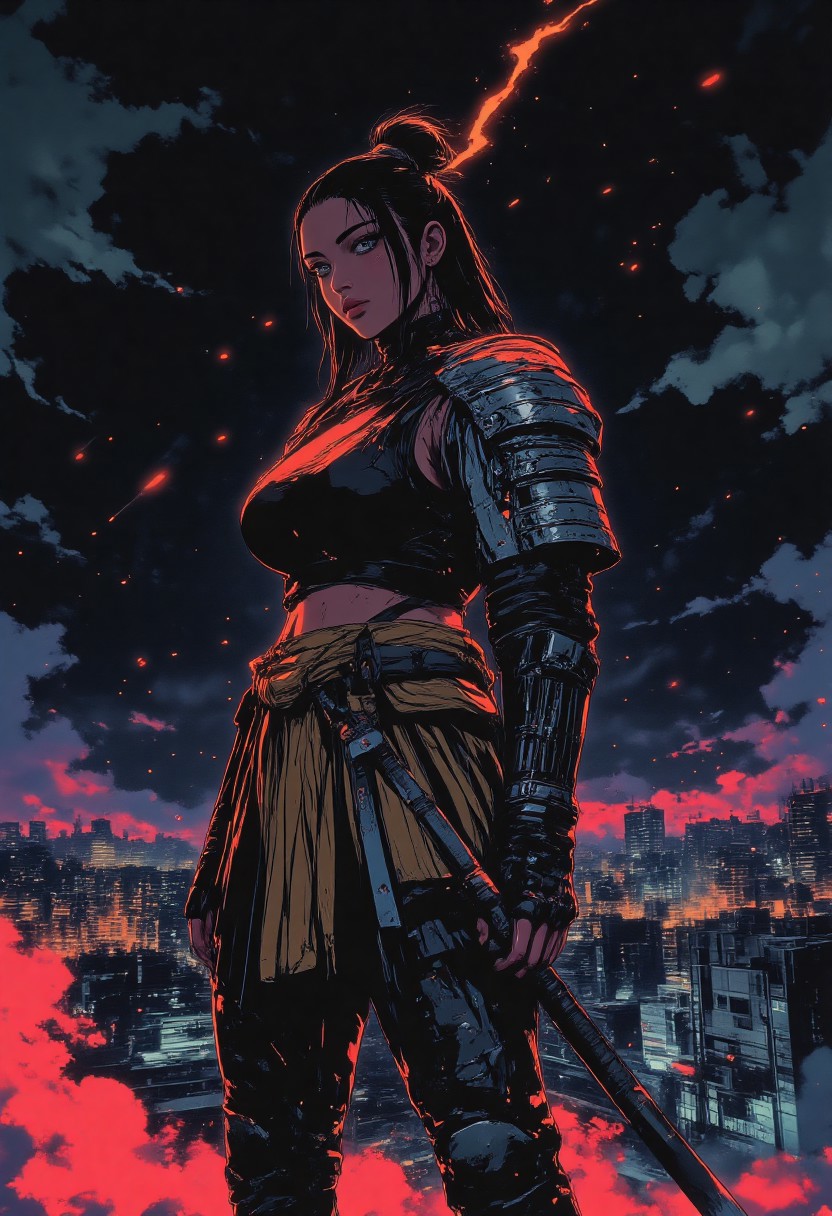 futuristic armor, in a dark futuristic style, Ronin, 1girl, large breasts, battle-hardened warrior, scars, battle worn, she wears battered armor, katanas, dual katanas, Thick smoke swirls around her, creating an atmosphere of mystery and tension, In the distance, a neon city can be seen on the horizon, illuminating the dark night and adding a futuristic contrast to its image,