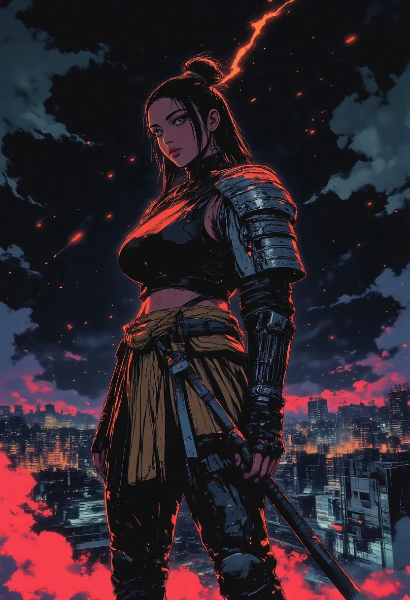 futuristic armor, in a dark futuristic style, Ronin, 1girl, large breasts, battle-hardened warrior, scars, battle worn, she wears battered armor, katanas, dual katanas, Thick smoke swirls around her, creating an atmosphere of mystery and tension, In the distance, a neon city can be seen on the horizon, illuminating the dark night and adding a futuristic contrast to its image,
