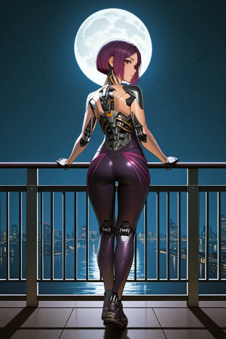 masterpiece, best quality, absurdres,
<lora:ILCyberSongbird:0.8>
CyberSongbird, 1girl, purple hair, short hair, brown eyes, cyborg, looking at viewer, from behind, night sky, railing, full body, looking back, moon