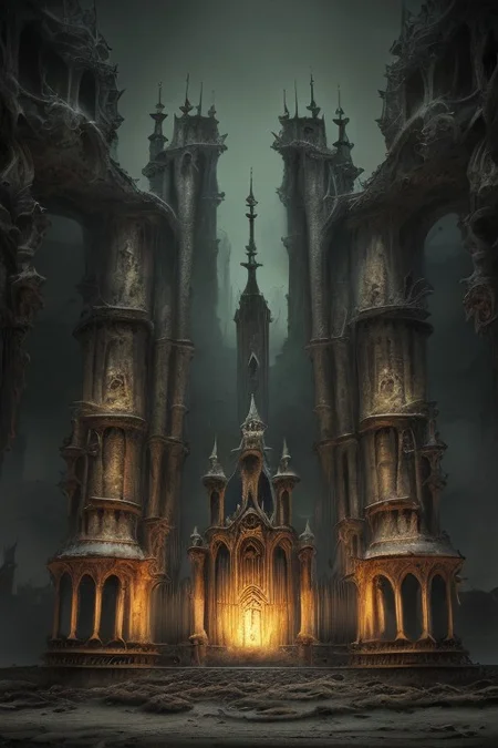 RAW photo, (masterpiece:1.3), subsurface scattering, heavy shadow, (high quality:1.4), (intricate, high detail:1.2), professional photography, HDR, High Dynamic Range, realistic, ultra realistic, photorealistic, high resolution, film photography, ambient lighting, atmospheric effects, <lora:detail_slider_v4:2>, OverallDetail,  <lora:Evil:1>, evilrealm, ab evil tower in a barren landscape, epiCPhoto