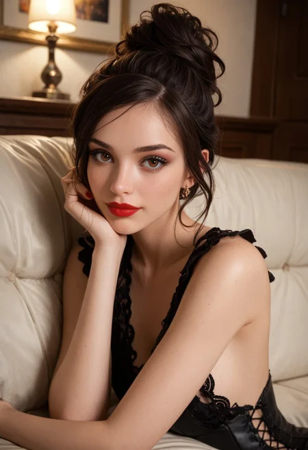 score_9, score_8_up, score_7_up, 1girl, solo, (messy bun hairstyle), messy updo hairstyle, wavy hair, perfect face, perfect eyes, big beautiful (dark brown) eyes, (fair white skin), sexy, sexy girl, beautiful eyes, petite body, perfect pretty face, lying down on (luxurious leather sofa), lying down, looking at viewer, loving expression, in love, close up, dynamic angle, (small gentle smile:0.7), (red nails), gold ring, (pale white skin), (pale skin), (medium breasts), (long slim legs), (black long lace dress), (dark brown hair), gold jewelry, gold jewellery, (gothic living room background), red lips, red lipstick, nighttime, gothic aesthetic, night,