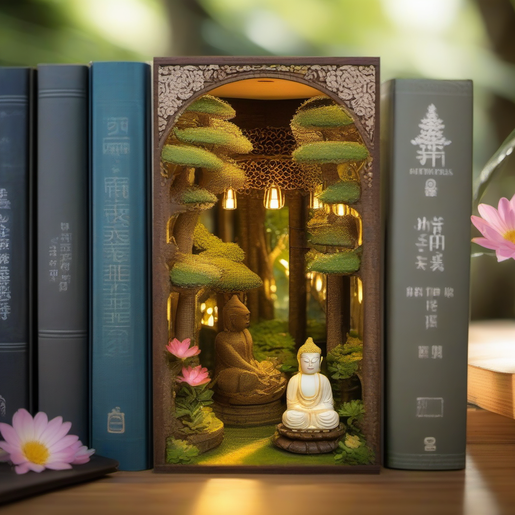 hyperrealistic and intricate detailed photo of book nook, Buddhist retreat, serene, nature, trees, small golden buddha, moss, secret garden, lily flowers <lora:book_nook:1>, 
realistic skin,
UHD 8k focus stacking, film grain, sharp focus, rule of thirds, insanely detailed, 
raytracing, photorealistic, depth of field, professional colorgrading