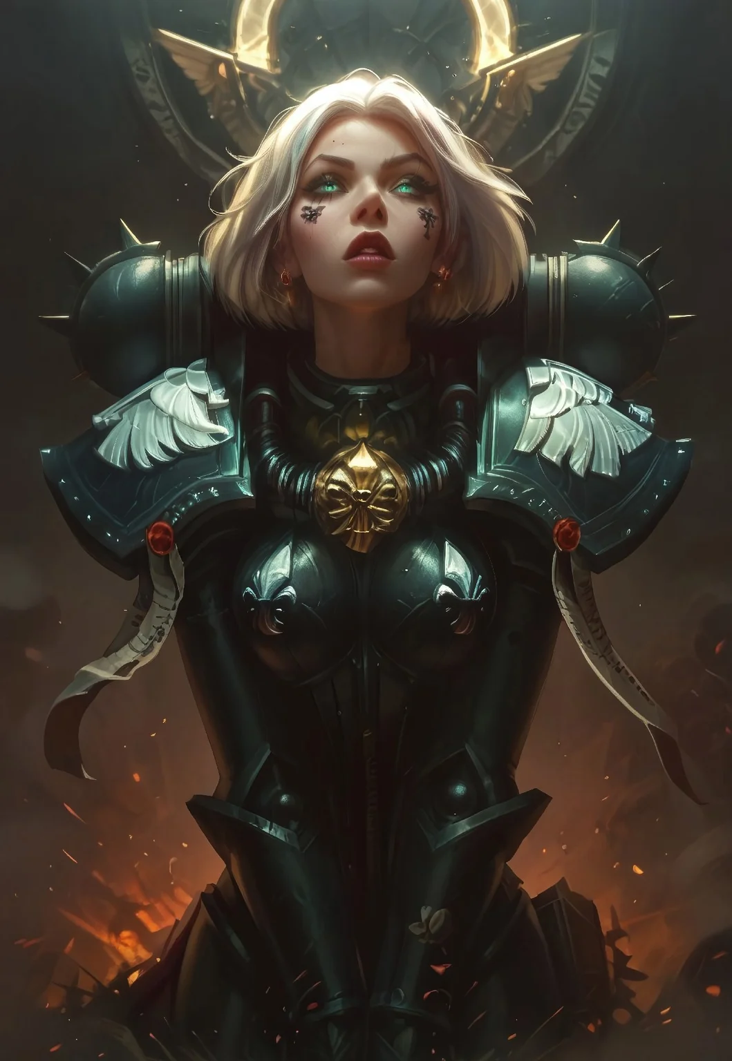 safe_pos, Score_9, Score_8, score_8_up, Score 9_up, full body shot, (adepta sororitas, wh40k, battle sisters, power armor, black armor, pauldron, sister of battle), l0lspl4sh, score_9, score_8_up, score_8_up, godrays, 1girl, cute girl, warhammer 40k, solo, glowing, west studio, short straight white hair, Sisters-of-Battle_Epoch_4, imperium, beautiful, stunning, cinematic, very pretty, kneeling praying, attractive, perfect face, perfect body, medium breasts