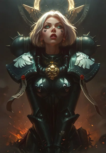 safe_pos, Score_9, Score_8, score_8_up, Score 9_up, full body shot, (adepta sororitas, wh40k, battle sisters, power armor, black armor, pauldron, sister of battle), l0lspl4sh, score_9, score_8_up, score_8_up, godrays, 1girl, cute girl, warhammer 40k, solo, glowing, west studio, short straight white hair, Sisters-of-Battle_Epoch_4, imperium, beautiful, stunning, cinematic, very pretty, kneeling praying, attractive, perfect face, perfect body, medium breasts