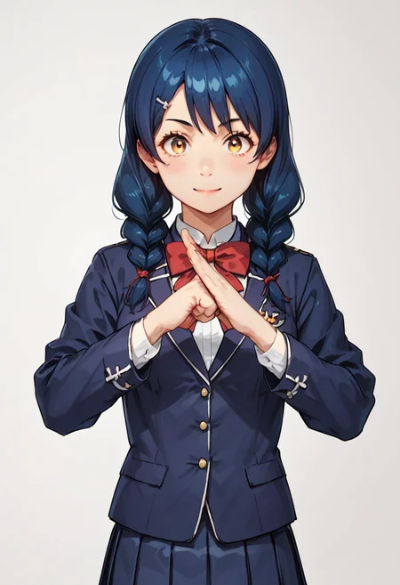(tadokoro megumi),
score_9, score_8_up, score_7_up,masterpiece, best quality, ultra detailed,
A picture of a girl, solo, fist-palm salute, fist and palm folded in front, hands together, the girl is wearing a school uniform, dark blue jacket, red bow, dark blue pleated skirt, light smile,
A Japanese 1girl has blue hair which was bound into twin braids, yellow eyes and brown pupils, round face, (tender and slender:1.21) body with medium breasts, , <lora:TadokoroMegumi_Pony_r1:1>,<lora:fist-palm_salute_Pony:0.8>