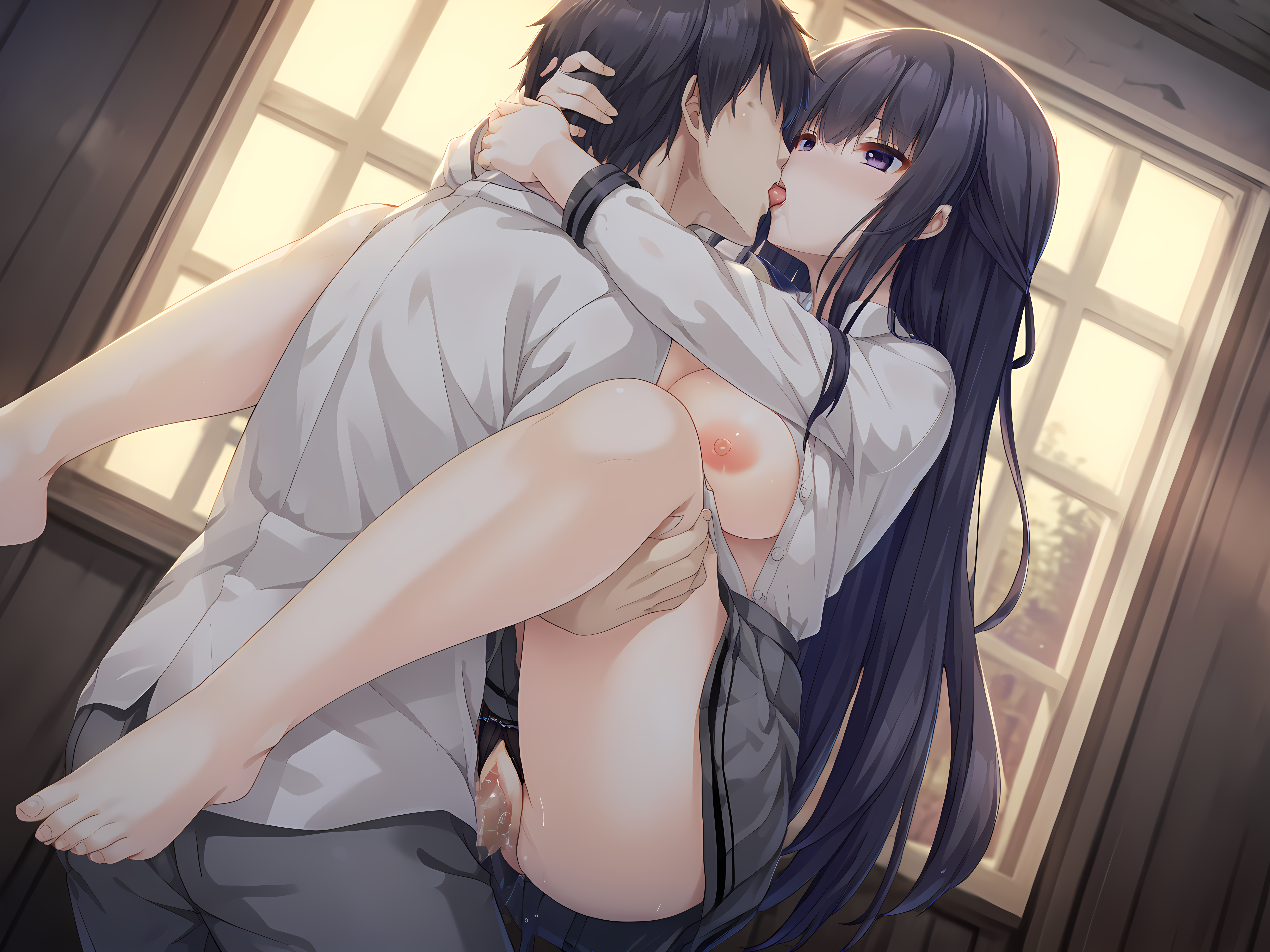 1boy,sex from behind,kiss,looking at viewer,vaginal,hetero,breasts,1girl,escude,kagami,purple eyes,large breasts,barefoot,black panties,window,school outfit,open shirt,open clothes,<lora:ESCUDE_-_Haisen_Shoujo_-_Kagami:0.9>,toe scrunch,leg lock,moonlight, night,, score_9, score_8_up, score_7_up,source_anime,(masterpiece),(best quality),(ultra-detailed),(best illustration),(best shadow),(absurdres),(detailed background),(very aesthetic),source_anime