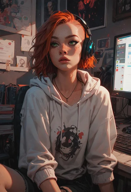 score_9,score_8_up,score_7_up,score_6_up,score_5_up, 1girl, solo, sitting at a computer, night scene, hoodie, headphones, Small breasts, slender, freckles, 22 years old, close shot, redhead, green eyes, shaved side of head