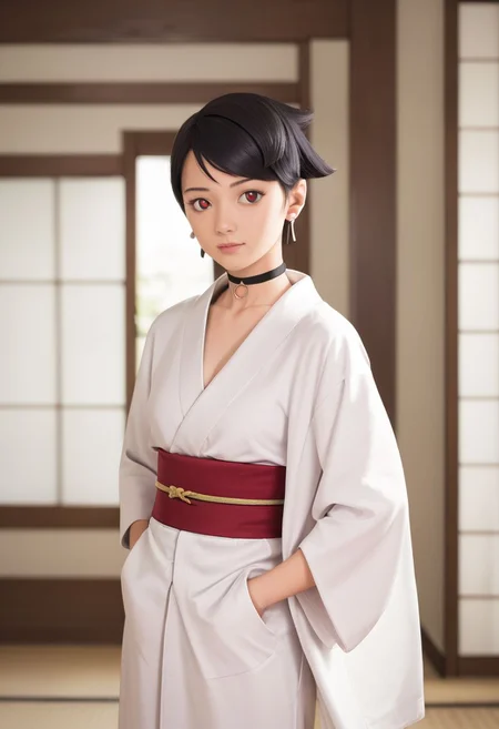 masterpiece,best quality, highly detailed, score_9, score_8_up, score_7_up, score_6_up
BREAK
sarada, black hair, red eyes, short hair, swept bangs, choker,
BREAK
white kimono,