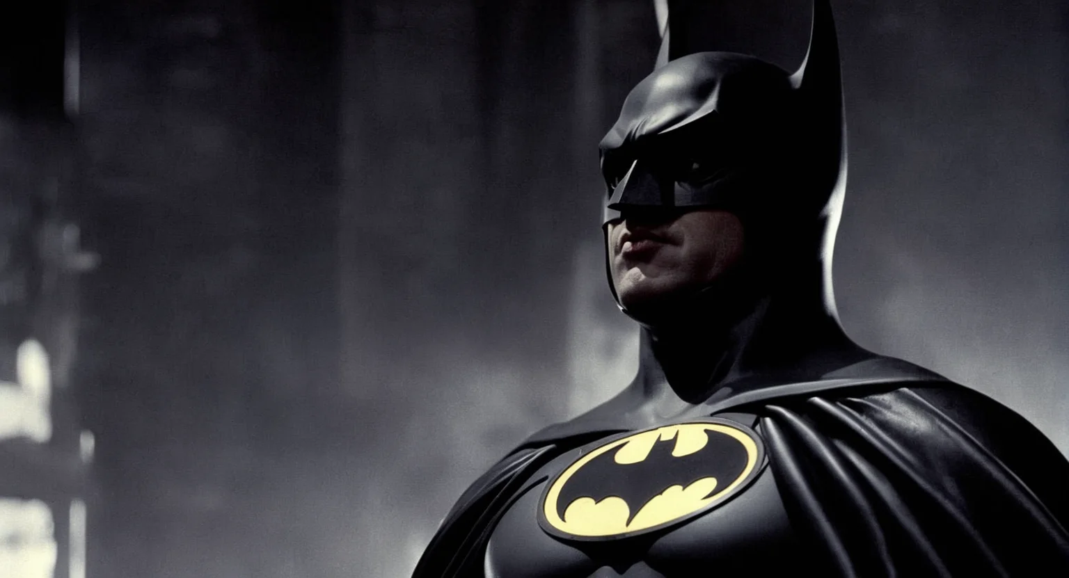 concept art of  Cinematic Film stock footage in (arri alexa style) Kodak film print,    <lora:batman 1989:1> batman 1989 a batman is shown in black and white, digital artwork, illustrative, painterly, matte painting, highly detailed