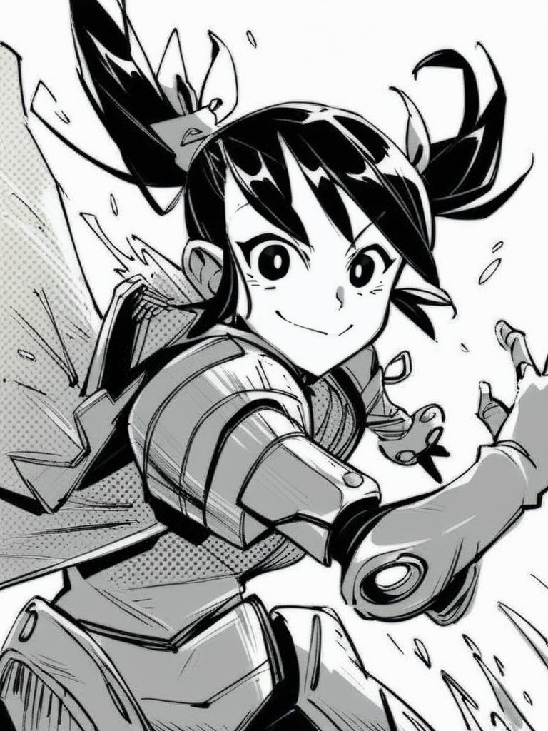score_9, score_8_up, score_7_up, score_6_up, girl with twintails wearing robot armor, open clothing, open armor, giant gloves, evil smile, from above, epic pose, bright pupils, particles around, splash art, looking at viewer, cowboy shot, dynamic pose, smile, cute, wide shot, solo, dutch angle, 
<lora:INKtoonXLP_Style:1> InkToon, monochrome, black eyes, simple white  background, cute, sketch, thin line, cartoon, splash art, concept art
