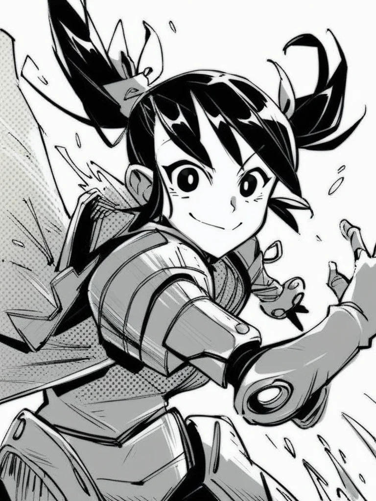 score_9, score_8_up, score_7_up, score_6_up, girl with twintails wearing robot armor, open clothing, open armor, giant gloves, evil smile, from above, epic pose, bright pupils, particles around, splash art, looking at viewer, cowboy shot, dynamic pose, smile, cute, wide shot, solo, dutch angle,
<lora:INKtoonXLP_Style:1> InkToon, monochrome, black eyes, simple white background, cute, sketch, thin line, cartoon, splash art, concept art