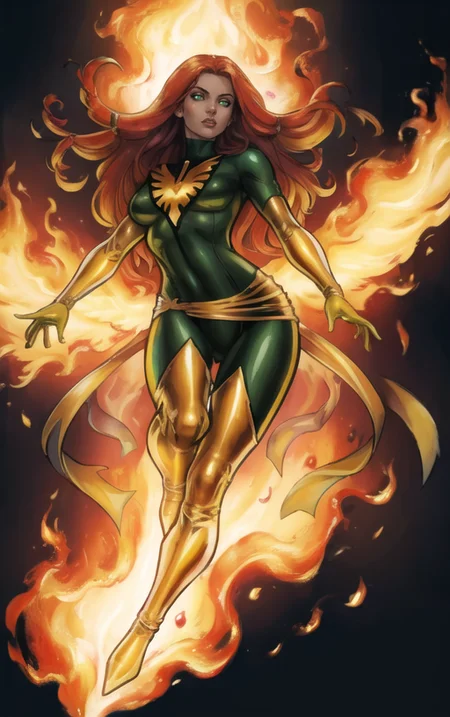 beautiful, (masterpiece:1.2), (best quality:1.2), vibrant, pov, from below, 1girl, jean-grey, full body, green bodysuit, gloves, glowing eyes,  floating, fiery wings, foreshortening, depth, <lora:jean_grey-10:0.8>, fire
