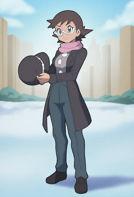 Thick layered papercut art of masterpiece, best quality, anime,,detailed_background,outdoors,sugimori ken \(style\),official alternate costume,black footwear,black hat,hat,holding unworn clothes,open coat,holding,highres,vest,short hair,buttons,siczak,sunglasses,pokemon \(anime\),diantha \(pokemon\),solo,open clothes,pink scarf,pants,alternate costume,full body,white-framed eyewear,1girl,creatures \(company\),pokemon xy,pokemon xy \(anime\),standing,game freak,nintendo,holding hat,blue eyes,scarf,coat,pokemon . Deep 3D, volumetric, dimensional, depth, thick paper, high stack, heavy texture, tangible layers