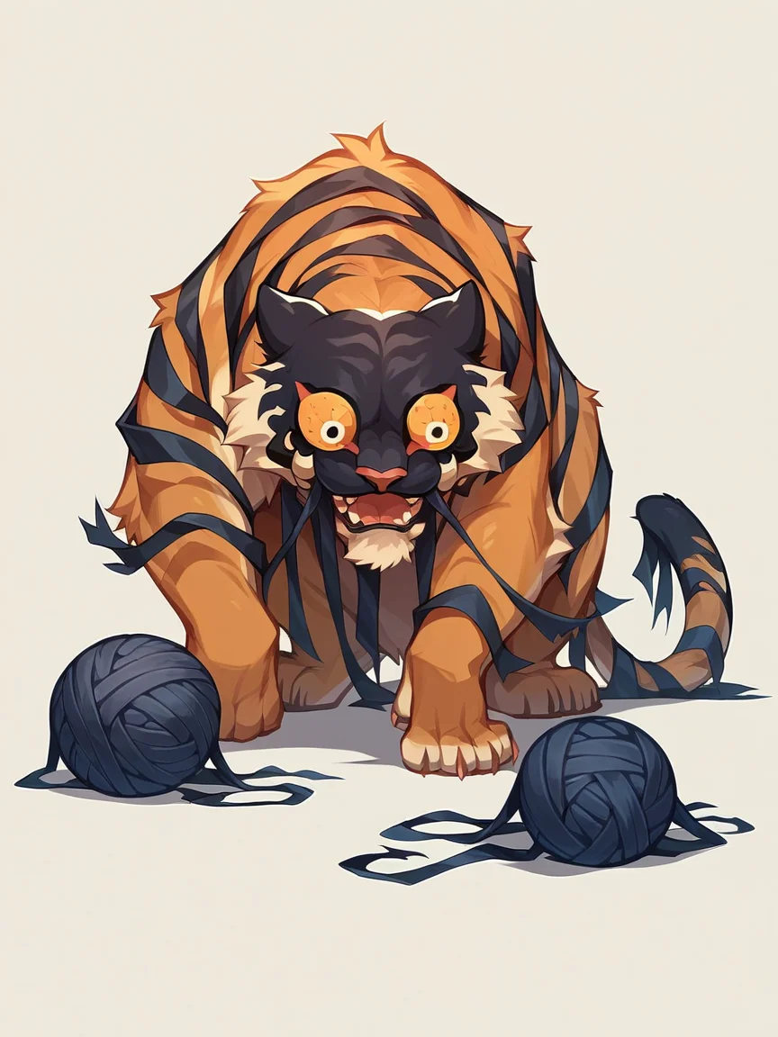 score_9, score_8_up, score_7_up, score_6_up, score_5_up, <lora:dreamtigerXLP:1> dream tiger, no humans, solo, teeth, cute, yarn, playing
