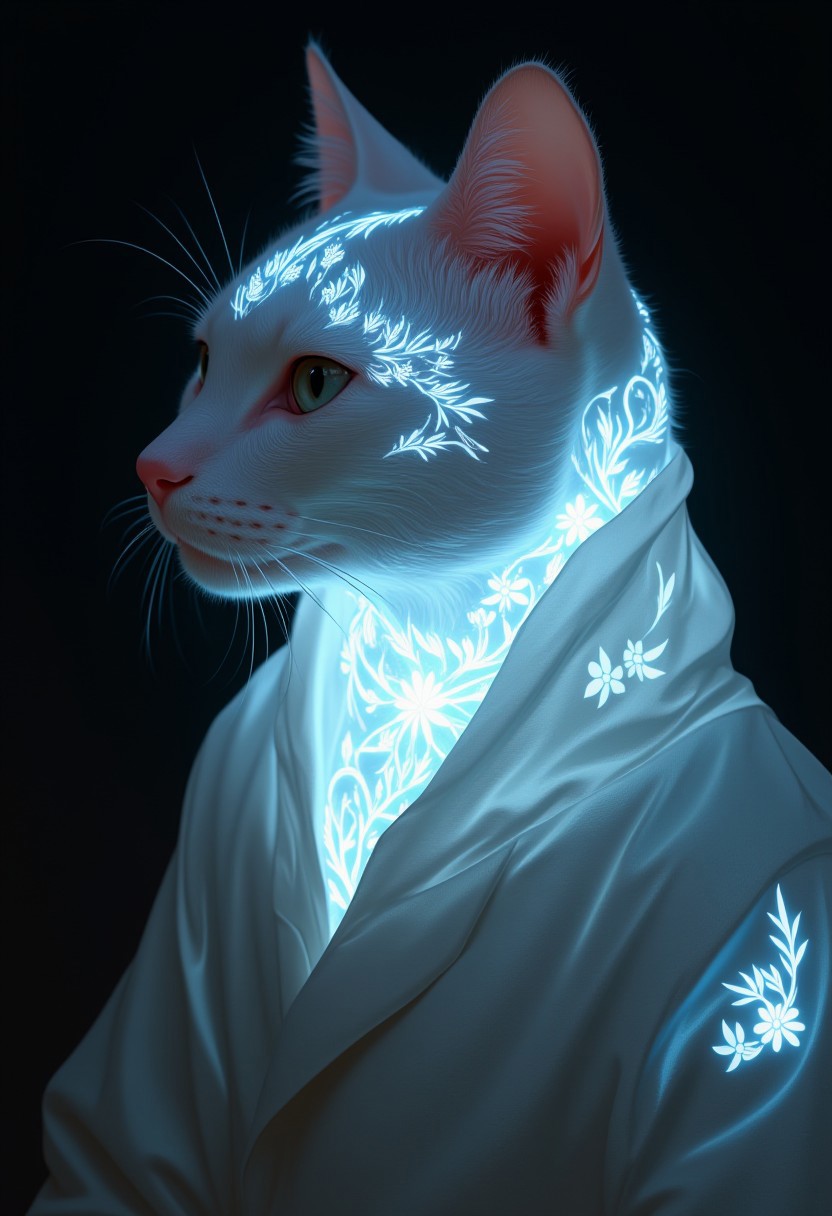 an alabaster cat with bioluminescent tattoos of bio ink , split diopter, over-the-shoulder shot, Rembrandt lighting, low angle shot, extreme close-up shot