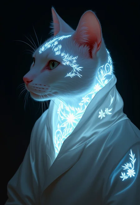 an alabaster cat with bioluminescent tattoos of bio ink , split diopter, over-the-shoulder shot, Rembrandt lighting, low angle shot, extreme close-up shot
