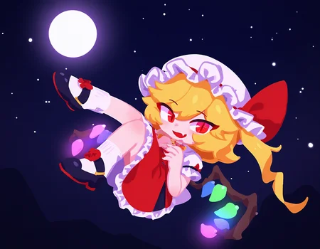 <lora:Ishikoro_Style_NBV1:0.95>,chibi,1girl, Flandre Scarlet\(touhou project\), looking at viewer, red eyes, slit pupils, detail pupil, fang, flat chest, half ponytail, ruffle hat, white socks, puff sleeves, mary jane shoes, glowing eyes, curled up, legs in air, red nail polish, celestial background, moon visible, starry sky, dynamic angle, wind swept hair,