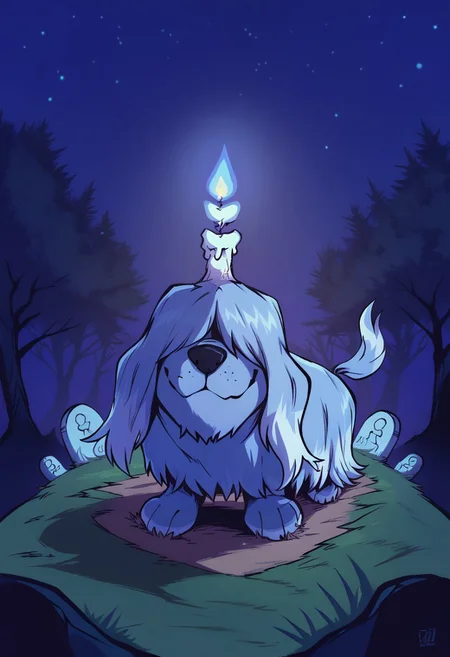 forest, night sky, looking at viewer, around neck, smile, dog tail, Cemetery, Grey Blue Fur,Candle in head,Hair covering eyes, full body,