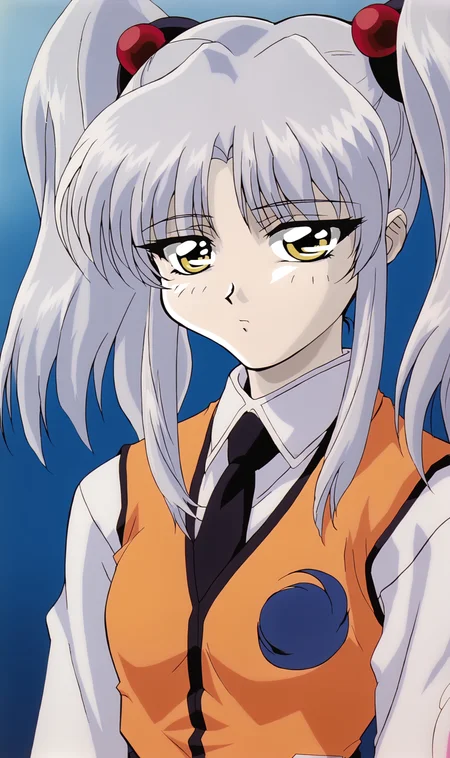 RH, 1girl, solo, silver hair, twintails, yellow eyes, hair bobbles, white collar shirt, black necktie, long sleeves, orange vest, portrait, half closed eyes, looking at viewer, simple background, blue background, retro artstyle, anime coloring, gradient, <lora:Ruri Hoshino Pony XL:1>
