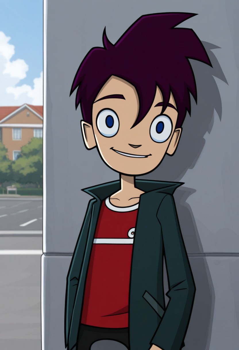 masterpiece,best quality,amazing quality, 
RandyCunningham, 1boy, male focus, solo, blue eyes, purple hair, shirt, red shirt, jacket, green jacket, open jacket, outdoor, smile,