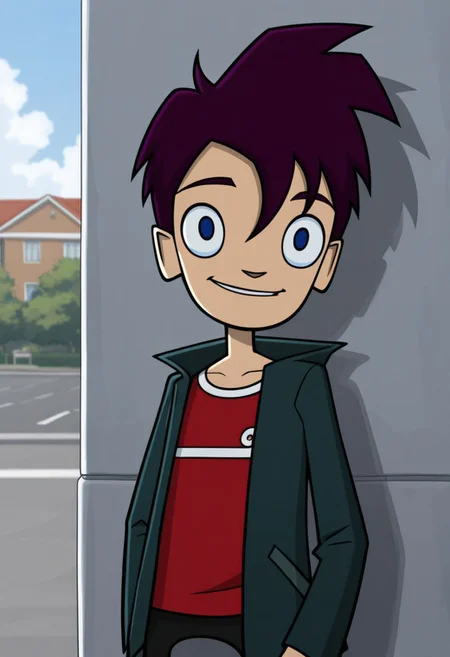 masterpiece,best quality,amazing quality,
RandyCunningham, 1boy, male focus, solo, blue eyes, purple hair, shirt, red shirt, jacket, green jacket, open jacket, outdoor, smile,