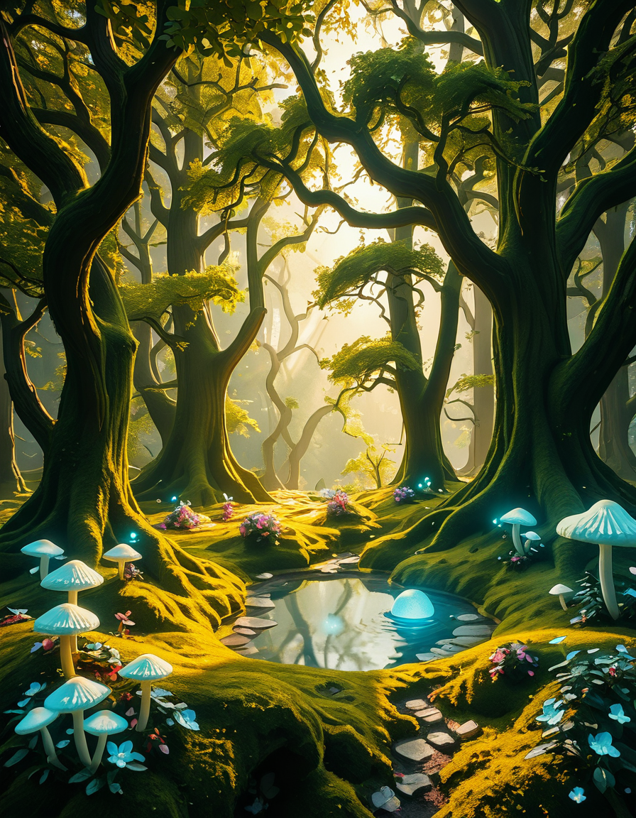 A mystical enchanted forest bathed in a soft, ethereal glow. Towering ancient trees with twisted roots and bioluminescent moss create a dreamlike atmosphere. The air is filled with a faint, magical mist that swirls gently around vibrant, oversized mushrooms and glowing blue and purple flowers. Delicate fireflies and tiny floating orbs of light hover in the air, illuminating the dense foliage with a magical shimmer. A narrow, winding path covered in soft moss leads deeper into the mysterious woodland, where faint beams of golden sunlight filter through the thick canopy, casting intricate patterns on the forest floor. The colors are rich and vibrant, with deep emerald greens, soft blues, and glowing purples creating a surreal and otherworldly ambiance. The scene is highly detailed and photorealistic, capturing the textures of the moss-covered tree trunks, the luminescent flora, and the misty, dreamlike atmosphere of the enchanted forest.
<lora:SDXLFaeTastic2400:0.4> <lora:extremely_detailed:0.4> extremely detailed,<lora:3nch4nt3d_f0r3st-ill:1>,3nch4nt3d f0r3st, Masterpiece,best quality,hi res,8k,hi res,8k,award winning,(sharp focus, intricate, highly detailed),
