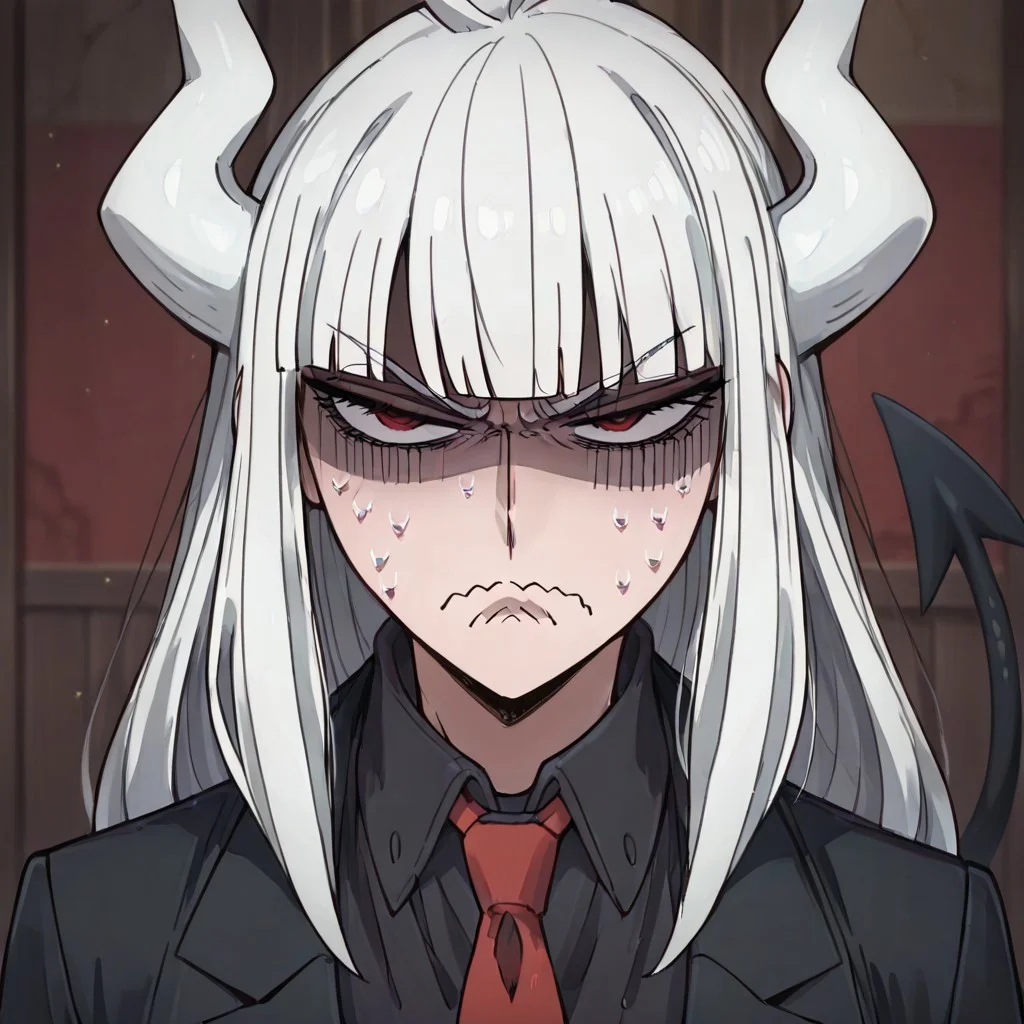 masterpiece, best quality, newest, absurdres, highres, anime, anime style,
YorButthurtFaceIL-V1.0,
angry, annoyed, expressive, exxagerated exxpresion, frown, shaded face, wavy mouth, sweating profusuely,
1girl, lucifer \(helltaker\), black suit, red necktie, black collared shirt, black gloves, blunt bangs, demon horns, demon girl, demon tail, red eyes, white hair, long hair