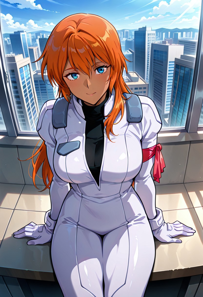 ((masterpiece, absurdres)), best quality, amazing quality, newest, 4k, anime coloring, very aesthetic, ray tracing, Smooth Quality, CG,city view,Francesca, 1 mature female, orange hair, long hair, blue eyes, dark skin, pilotsuit, turtleneck t-shirt, arm ribbon,gloves,sitting