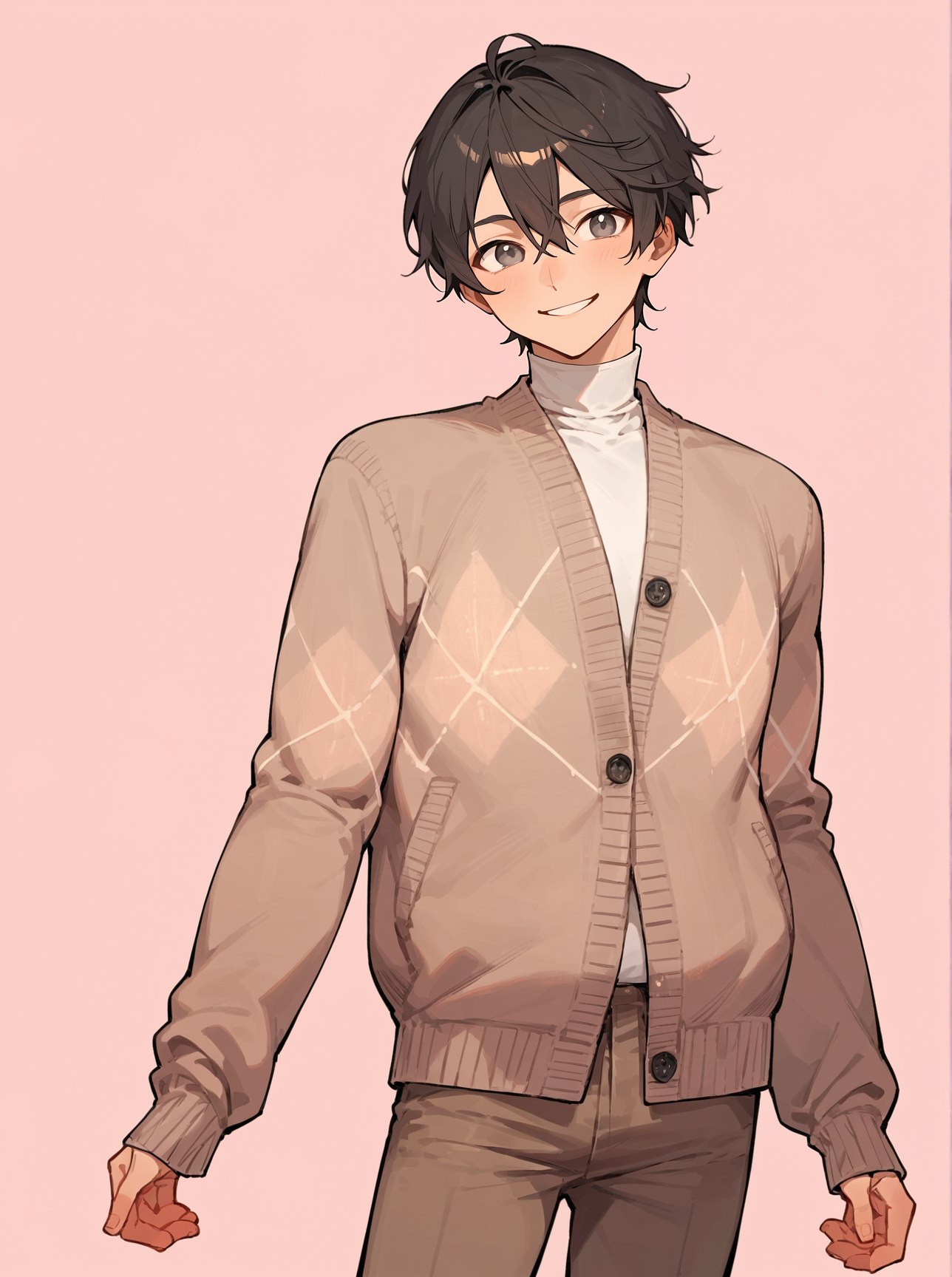 score_8_up, score_7_up, score_6_up, source_anime, 1boy, solo, simple background, pink background,
standing, pose, contrapposto, cowboy shot, facing viewer
smile, bishounen, brown eyes, black hair, hair between eyes, 
turtleneck, cardigan, argyle, brown pants <lora:maleoutfit01:1>
