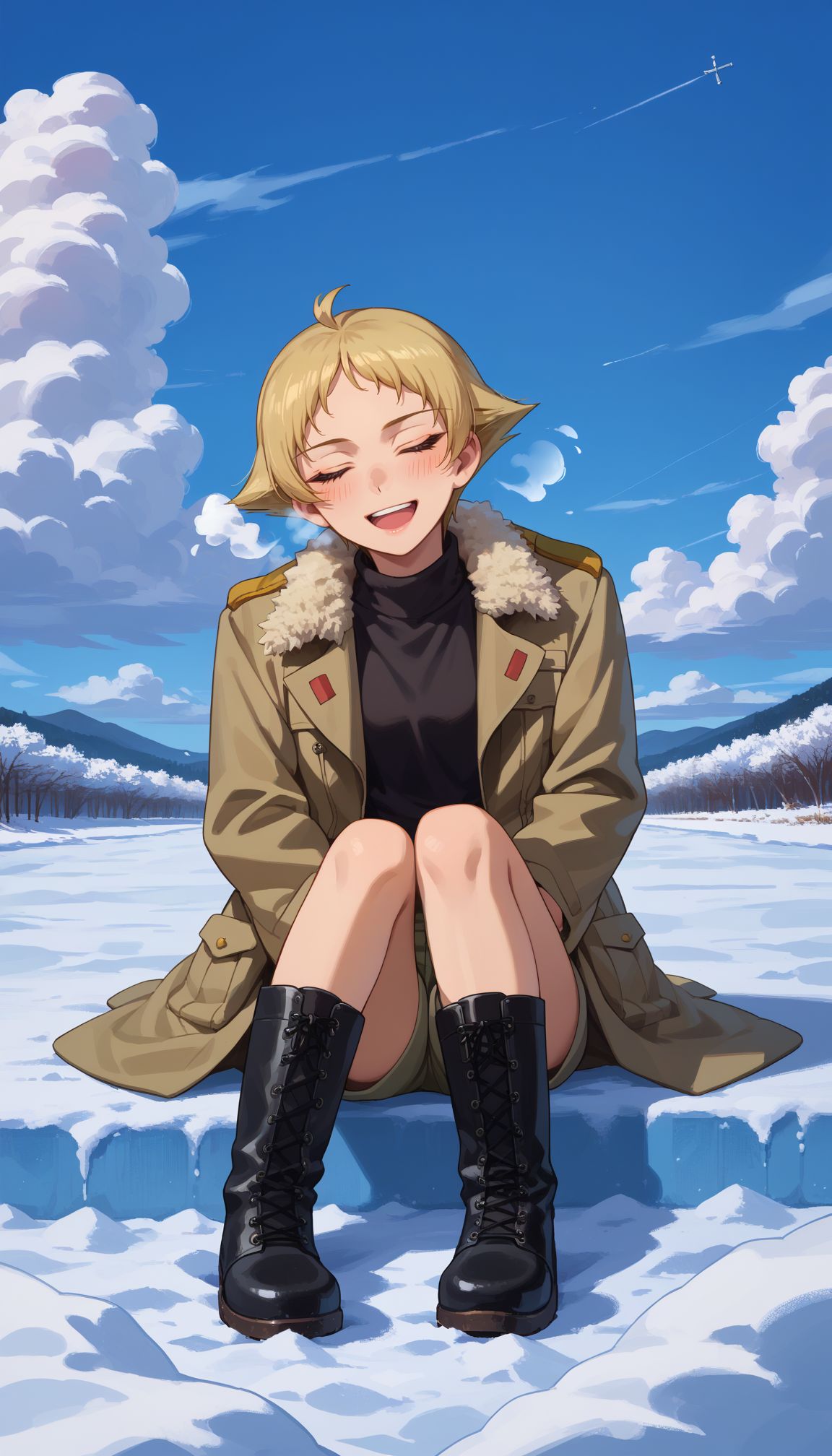 score_9, score_8_up, score_7_up, score_6_up, , solo, 
 <lora:GUPErwin:1> 1girl, erwin (girls und panzer), lace-up boots, smile, blonde hair, short hair, sitting, closed eyes, open mouth, brown jacket, day, blue sky, black footwear, breath, facing viewer, long sleeves, outdoors, snow, pointy hair, blush, indian style, cross-laced footwear, shorts, cloud, black shirt, :d, coat, ahoge, fur trim, cloudy sky, full body, military jacket, holding, winter clothes