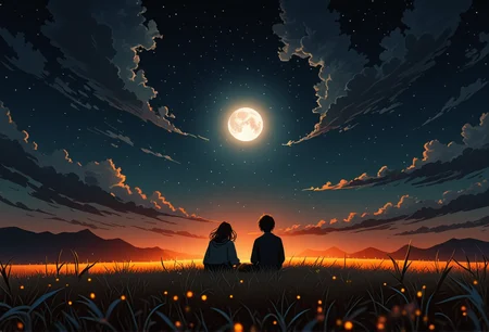 A serene two friends sitting together in an open field. The scene captures the bright moonlight casting warm tones across the landscape, with clouds illuminated softly by the moon in the distance. The figure is in casual clothes, adding a touch of mystery to the image.} bv-stuanilan<lora:bv-stunning-anime-landscape-v1.safetensors:1.0:1.0>