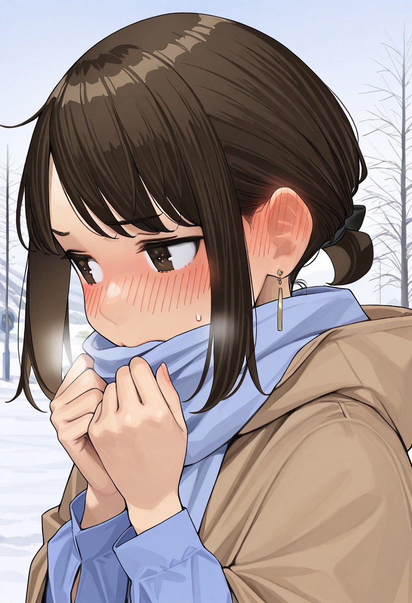 woman, douki-chan_(douki-chan), brown hair, hair tie, sidelocks, brown eyes, earrings, blushing, wearing a jacket, mist, cloak in the mouth, snowy, outdoor, high quality, best quality, masterpiece, 4k resolution, anime