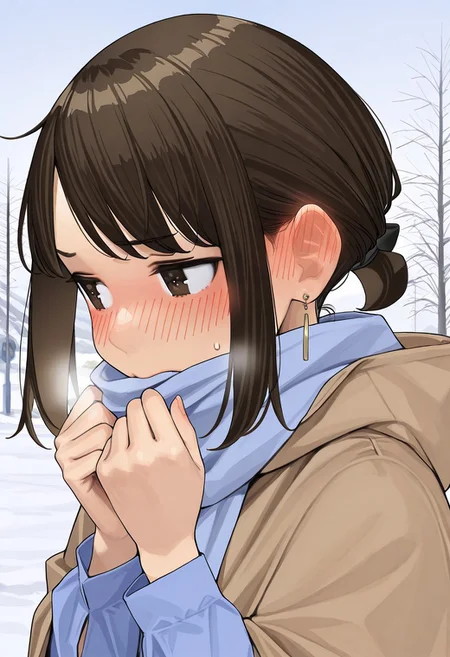 woman, douki-chan_(douki-chan), brown hair, hair tie, sidelocks, brown eyes, earrings, blushing, wearing a jacket, mist, cloak in the mouth, snowy, outdoor, high quality, best quality, masterpiece, 4k resolution, anime