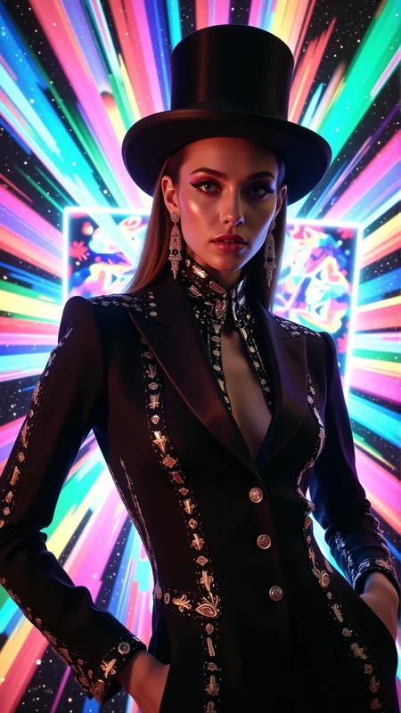 A professional photo shoot from head to thighs of a stunningly beautiful Caucasian 28 year old woman, she is wearing an elegant black tailcoat combined with tight black fabric trousers as well as a top hat, She emerges from a giant joker-type playing card that fills the background, fair skin, natural skin, high skin details, earrings, her blue eyes are highlighted by an elaborate makeup, narrow hips and slender and glamor body, jewelry, long hair, looking at viewer, The camera's focus is on her elegant and delicate face, The woman is surrounded by glitchy distortions and broken pixel art effects as well as vibrant light streaks and surreal dreamlike haze, The background is filled with a huge joker-type playing card, (playing card as background:1.4), (joker card:1.5), abstract color explosion,(Crepuscular rays:1.5), <lora:breast-size4:-1.05> <lora:Dever_Flux_Enhancer:0.47> <lora:sameface2:-0.2> <lora:pose_dev_f1:1.15> <lora:psycho_art:0.9>