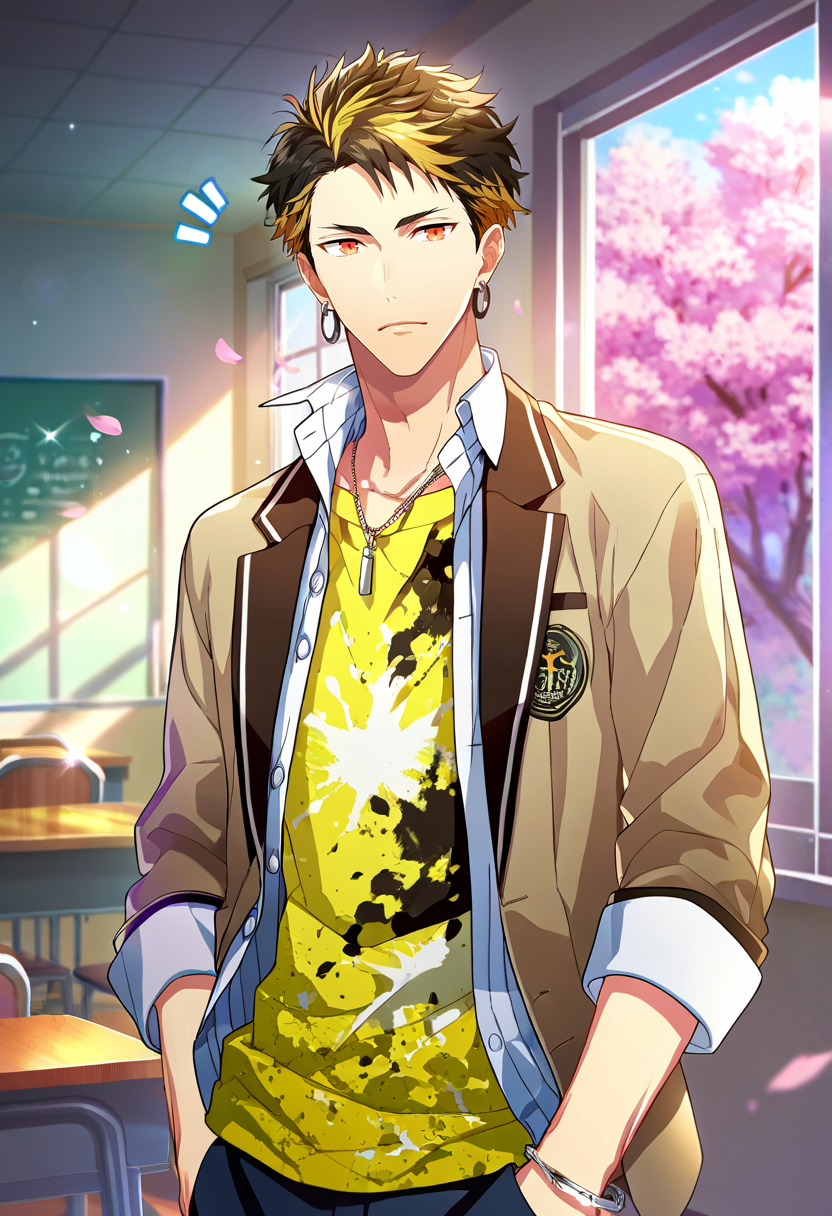 1boy, male focus, solo focus,
  <lora:Character - Wind Boys - Reito Tsuji:1> reitotsuji, black hair, multicolored hair, red eyes, bracelet, necklace, earrings,
((zPDXL)), score_9_up, score_8_up, score_7_up, score_6_up, score_5_up, score_4_up, best quality, amazing quality, best aesthetic, absurdres, year2023, uncensored, nsfw, official art, official style, depth of field, detailed eye,
indoors, window, cowboy shot, classroom, standing, notice lines, noticing viewer, cherry blossoms, 
school uniform, yellow shirt, necklace, bracelet, blazer,
