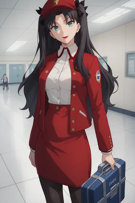 score_9, score_8_up, score_7_up, score_6_up, score_5_up, score_4_up, BREAK 1girl,
<lora:TohsakaRinXL-v1-04:0.7>, ChopioTohsakaRin, black hair, long hair, parted bangs, two side up, hair ribbon, aqua eyes, looking at viewer,
(thick thighs:0.7), medium breasts,
airport, holding suitcase, shiny marble floor, flight attendant, black pantyhose, red skirt, red jacket, white collar, red hat, tight clothes, seductive smile, red lipstick, standing, buttoned jacket,