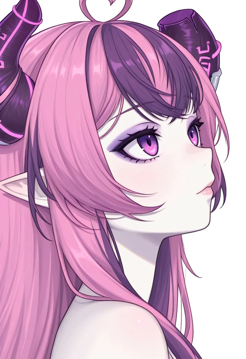 cybermousey, 1girl, purple eyes, purple eyeshadow, purple hair, pink hair, streaked hair, long hair, heart ahoge, crossed bangs, pointy ears, demon horns, broken horn, pale skin, lips, from side, 3/4 shot, close up
