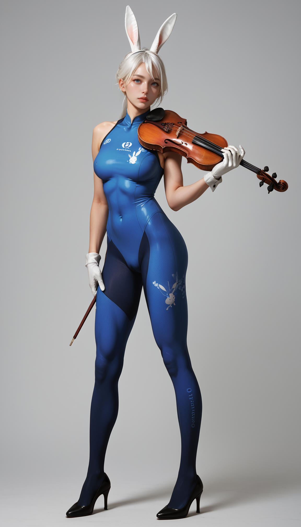 1girl, blue bodysuit,skin tight,bunny print,gloves, high heels, full body, stand, white hair, score_9, score_8_up, score_7_up, 
score_9, score_8_up, score_7_up, anime, source_anime, photoshoot ,Expressiveh,  horny,
playing violin, violin,  <lora:violin-without-bow-pony:0.66>
