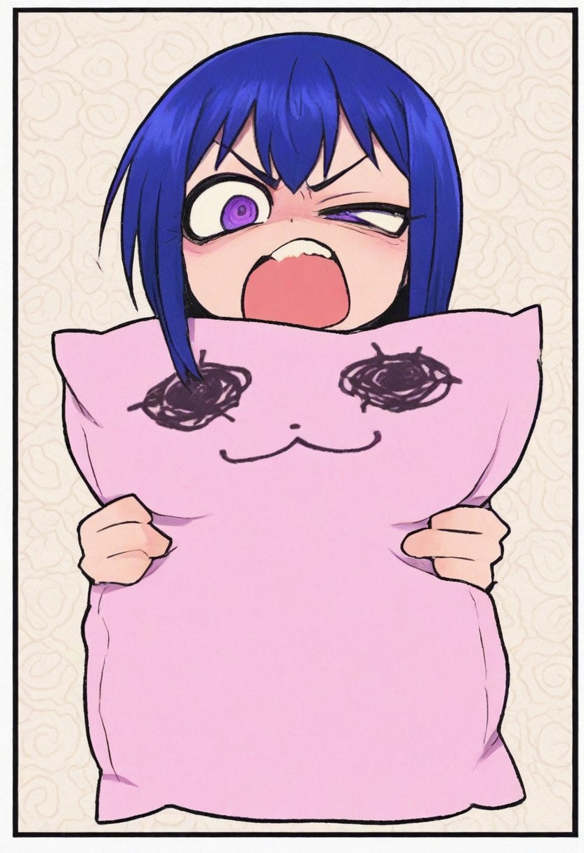 IllustriousQual, masterpiece, best quality, amazing quality, very aesthetic, absurdres, 1girl, solo, cute pattern background, border, lace background
Arin(Pangya), blue hair, bangs,purple eyes, 
solo, hugging pillow,  lying, on side,, angry, rage, furious,  half-closed eye, v-shaped eyebrows, open mouth,shouting,, straight on,
<lora:ValbunStyle-IL:0.9> valbun,