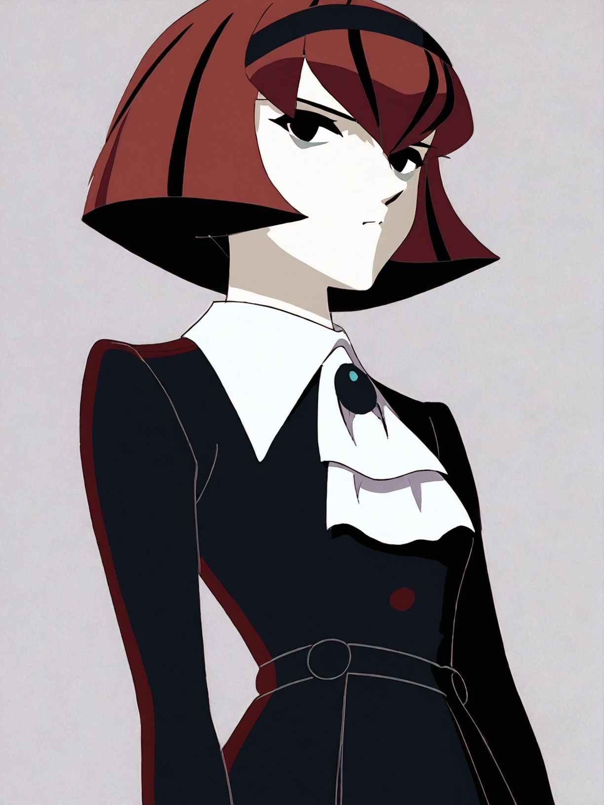 source_anime, score_9, score_8_up, score_7_up, anime screencap, 8k, absurd res, <lora:BigO_PDXLv1 Dorothy-000060:0.8> 1girl, solo, r. dorothy wayneright, dorothy_(the_big_o), short hair, black dress, red hair, black eyes, green brooch, pale skin, simple background, 1990s \(style\),