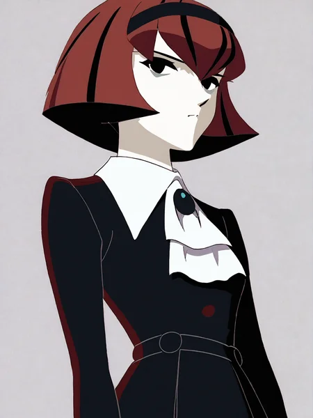 source_anime, score_9, score_8_up, score_7_up, anime screencap, 8k, absurd res, <lora:BigO_PDXLv1 Dorothy-000060:0.8> 1girl, solo, r. dorothy wayneright, dorothy_(the_big_o), short hair, black dress, red hair, black eyes, green brooch, pale skin, simple background, 1990s \(style\),