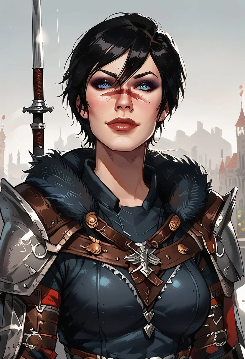score_9, score_8_up, score_7_up, western cartoon, 1girl, solo, (MarianHawke, 1girl, solo, black hair, short hair, blue eyes, armor, shoulder armor, pauldrons, gloves, gauntlets, lips, belt, fur trim, weapon on back, hair between eyes, boots, knee boots, chainmail, breastplate, weapon, pelvic curtain, scar, tatoo), eyeshadow, slim-thick body, detailed face, textured skin, masterpiece, intricate clothing, medieval fantasy clothes, cleavage, apart breasts, large breasts, tiny waist, wide hips, slender figure, fantasy city streets, evening, sunset light, PaintedComicstyleV1, clever expression, sly, shrewd, considering, looking at viewer, sly smile, perfect eyes, defined eyes,