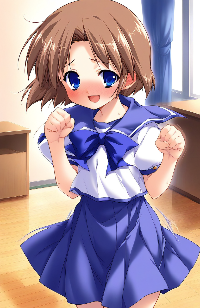 score_9, score_8_up, score_7_up, source_anime, rating_explicit, BREAK   <lora:Shiki_Akimi_Ver2.0_XL:1> ShikiAkimi, brown hair, blue eyes, short hair, short stack,
 solo, school uniform, blue skirt, long skirt, 
room, flooring, curtain, 
full-face blush, embarrassed, motion lines, motion blur, smile, happy,
looking at viewer, 
cowboy_Shot,