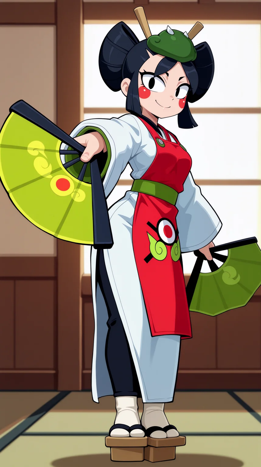 masterpiece, best quality, amazing quality, aesthetic,  absurdres, best quality, 4k, upscale, indoors, (dynamic pose, foreshortening), kaze, solo, 1girl, black hair, japanese clothes, black eyes, smile, geta, dual wielding, hand fan, white kimono, full body,  sandals, standing, red apron, looking at viewer  <lora:Kaze_IL:0.8>