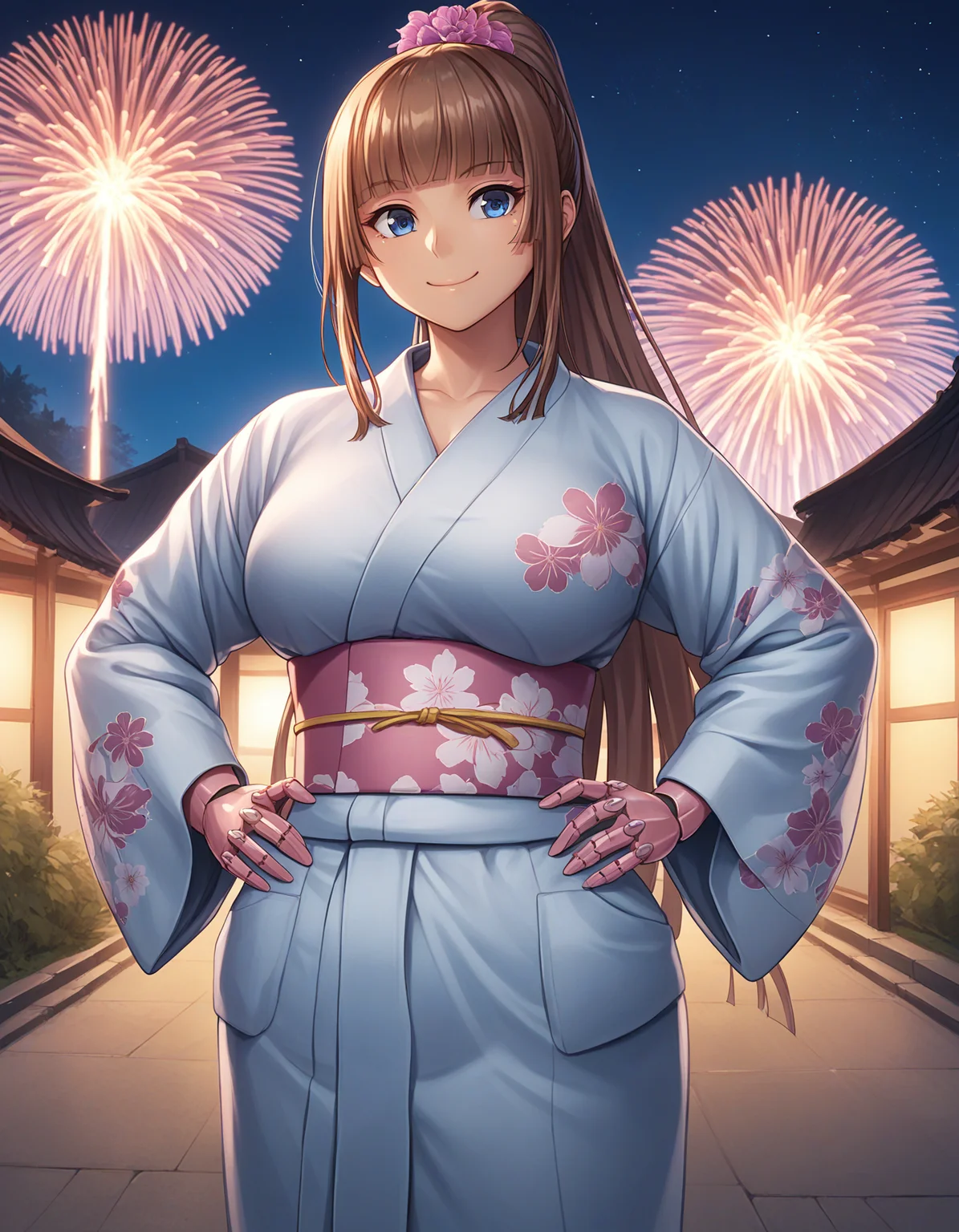 score_9, score_8_up, score_7_up BREAK 1girl, solo, KoukawaAsukaYuk, brown hair, long hair, high ponytail, blunt bangs, blue eyes, smile, closed mouth, large breasts, hair ornament, hair flower, yukata, floral print, pink obi, pink mechanical arms, hands on hip, standing, cowboy shot, outdoor, summer, night, fireworks <lora:koukawa_asuka_pdxl_v1_com:0.8>