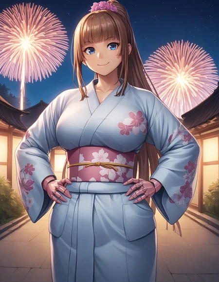 score_9, score_8_up, score_7_up BREAK 1girl, solo, KoukawaAsukaYuk, brown hair, long hair, high ponytail, blunt bangs, blue eyes, smile, closed mouth, large breasts, hair ornament, hair flower, yukata, floral print, pink obi, pink mechanical arms, hands on hip, standing, cowboy shot, outdoor, summer, night, fireworks <lora:koukawa_asuka_pdxl_v1_com:0.8>