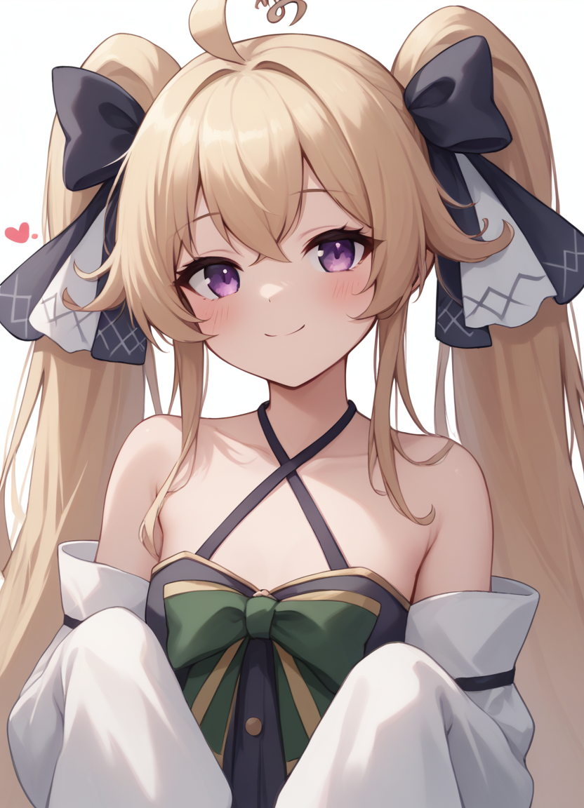 score_9, score_8_up,
1girl, solo, long hair, looking at viewer, blush, smile, blonde hair, white background, bow, ribbon, bare shoulders, twintails, closed mouth, purple eyes, hair ribbon, upper body, ahoge, heart, sleeves past wrists,
<lora:attilioXL:1>